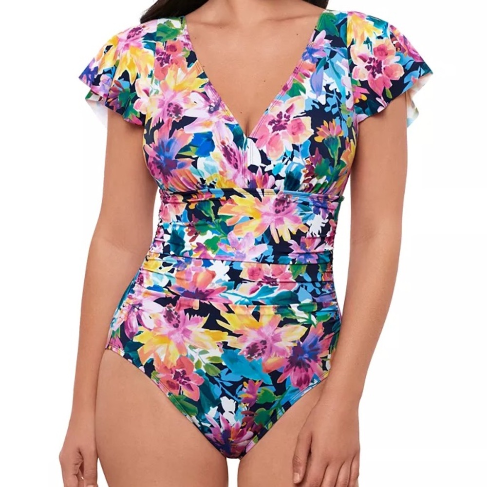 Swim Solutions Floral One-Piece Swimsuit in Navy, Pink, Yellow & Green - Picture 13 of 13